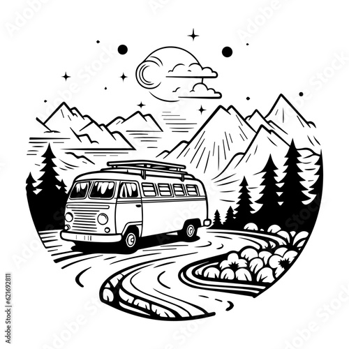 Car on road. People in camper. Family road trip, isolated on white backgroud, vector Illustration.