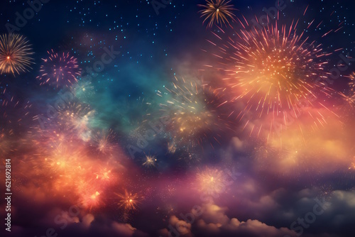 New Year's Party Fireworks, Horizontal background for New Year's Festivities,. Generative AI
