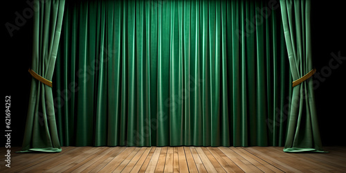 Realistic theater green dramatic curtains, spotlight on stage theatrical classic drapery template illustration. Stage with green curtains