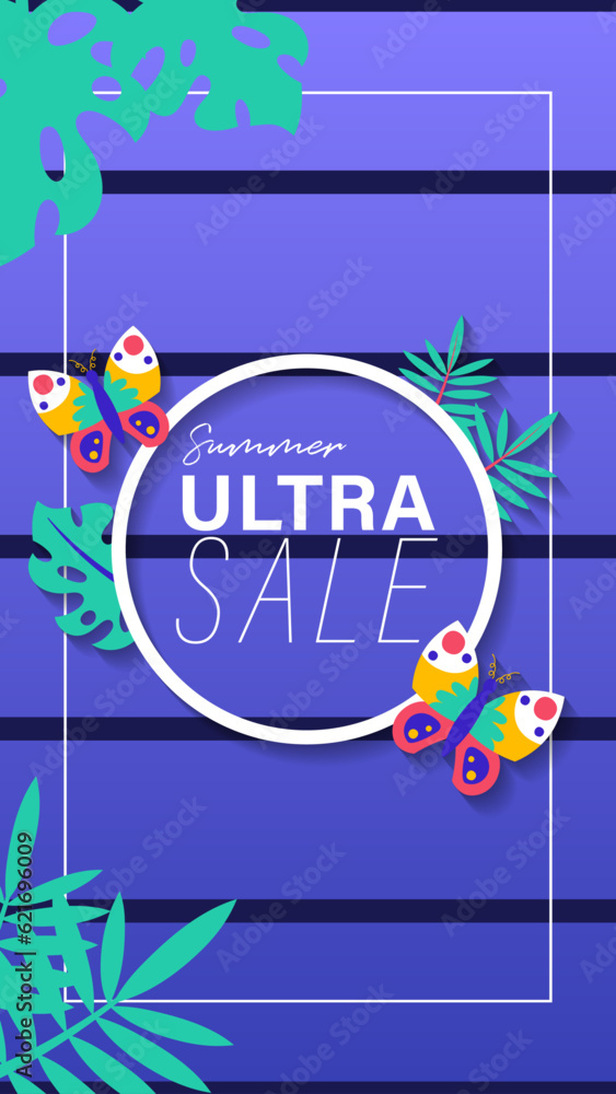 Summer sale social media story.  Vertical template post for reel promotion content.