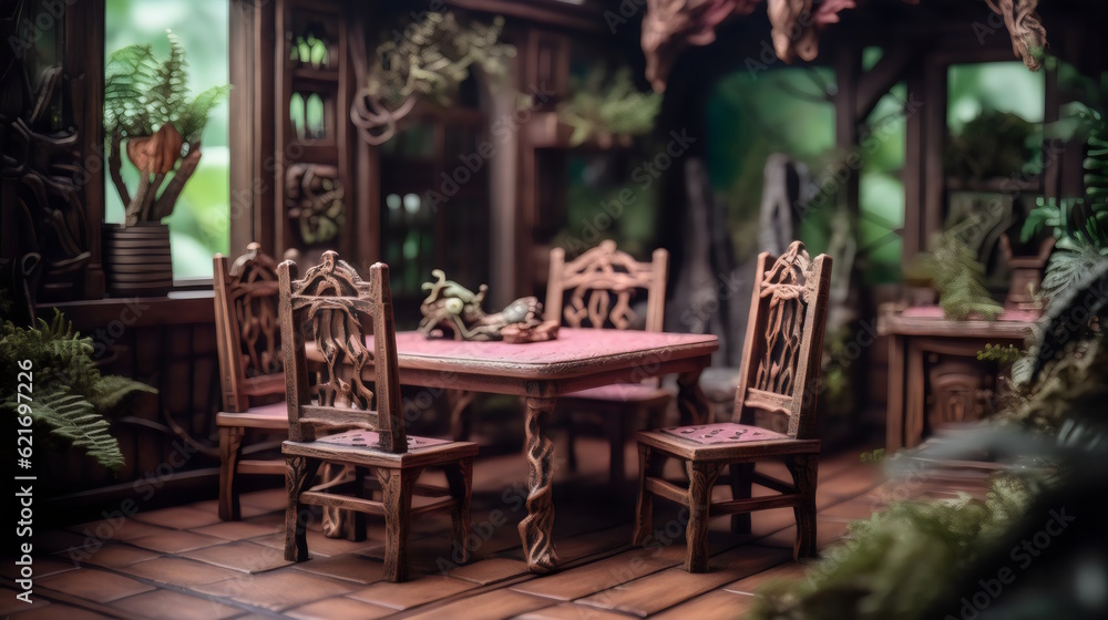 Ultra-Realistic Wilderness with Gloomy Ferns, Vines, and Close-Up Detail - Perfect for Tabletop Gaming - Clean Wooden Table, Chairs, and Low-Light pink Ambiance. Generative AI