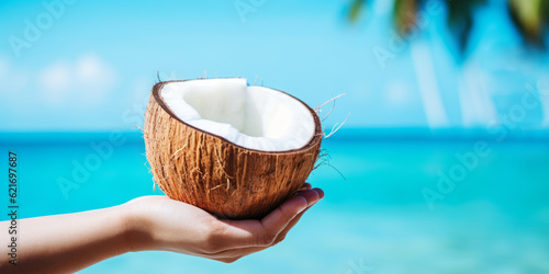 Beautiful coconut in hand on the background of the blue sea. Banner. Generative AI