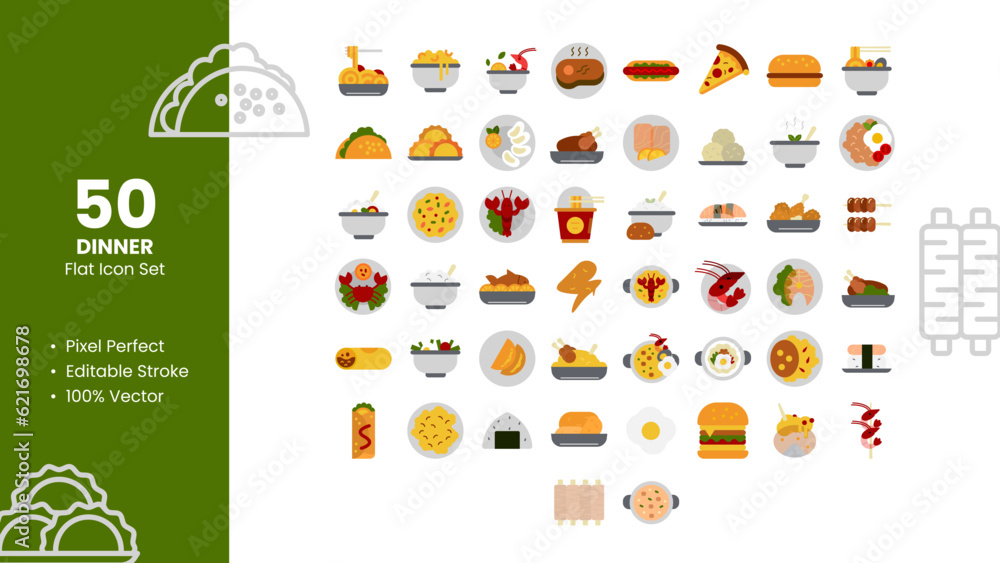 Set of 50 flat icons related to Dinner. Pixel Perfect Icon. Flat icon collection. Fully Editable. Vector illustration.