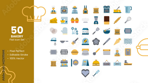 Set of 50 flat icons related to Bakery. Pixel Perfect Icon. Flat icon collection. Fully Editable. Vector illustration.