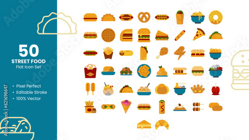 Set of 50 flat icons related to Street Food. Pixel Perfect Icon. Flat icon collection. Fully Editable. Vector illustration.
