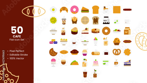 Set of 50 flat icons related to Cafe Food and Beverages. Pixel Perfect Icon. Flat icon collection. Fully Editable. Vector illustration.