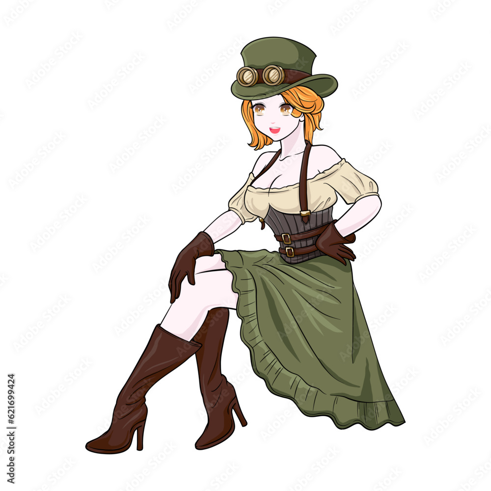Anime Pin-Up Steampunk Girl Vector Illustration