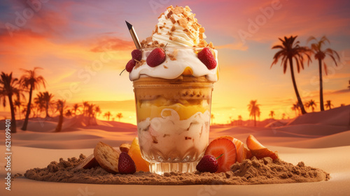 Desert's Sweet Escape: AI-Crafted Dessert Graphic with Frape, Cookies, and Cream in a Desert Setting photo