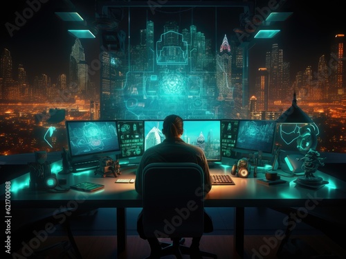 View of a Businessman working on a computer in a futuristic office