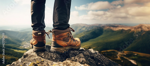 Close-up of man in trekking shoes standing on cliff and overviewing mountains panorama, Generative AI