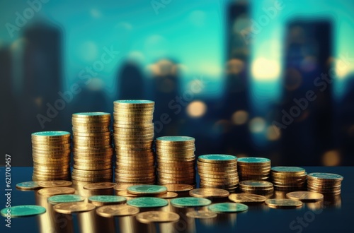 Stacks of coins on the background of the city. Business and finance concept.