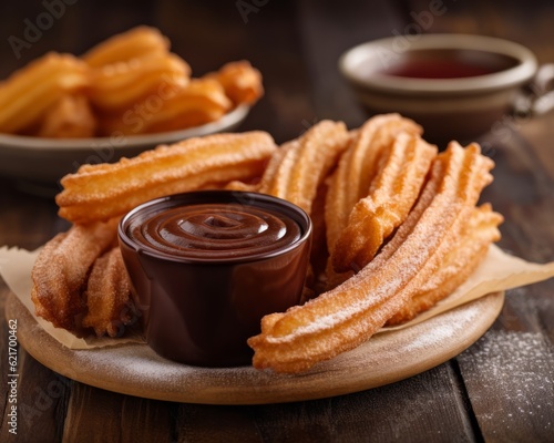 Traditional Spanish dessert churros with sugar and chocolate set, on dark background. Piles of sugar powder churros dessert. 