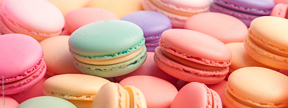 Bright colorful macaroons background. Close-up of macarons cookies. Banner. Bright colorful macaroons background. Close-up of macarons cookies. Banner.