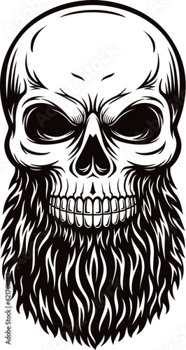 skull with bearded face black and white illustration
