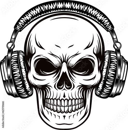 skull face with headphones black and white illustration