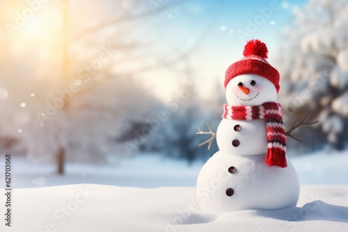Panoramic view of happy snowman in winter scenery. Close-up © Denis