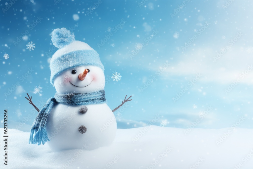 Panoramic view of happy snowman in winter scenery. Close-up