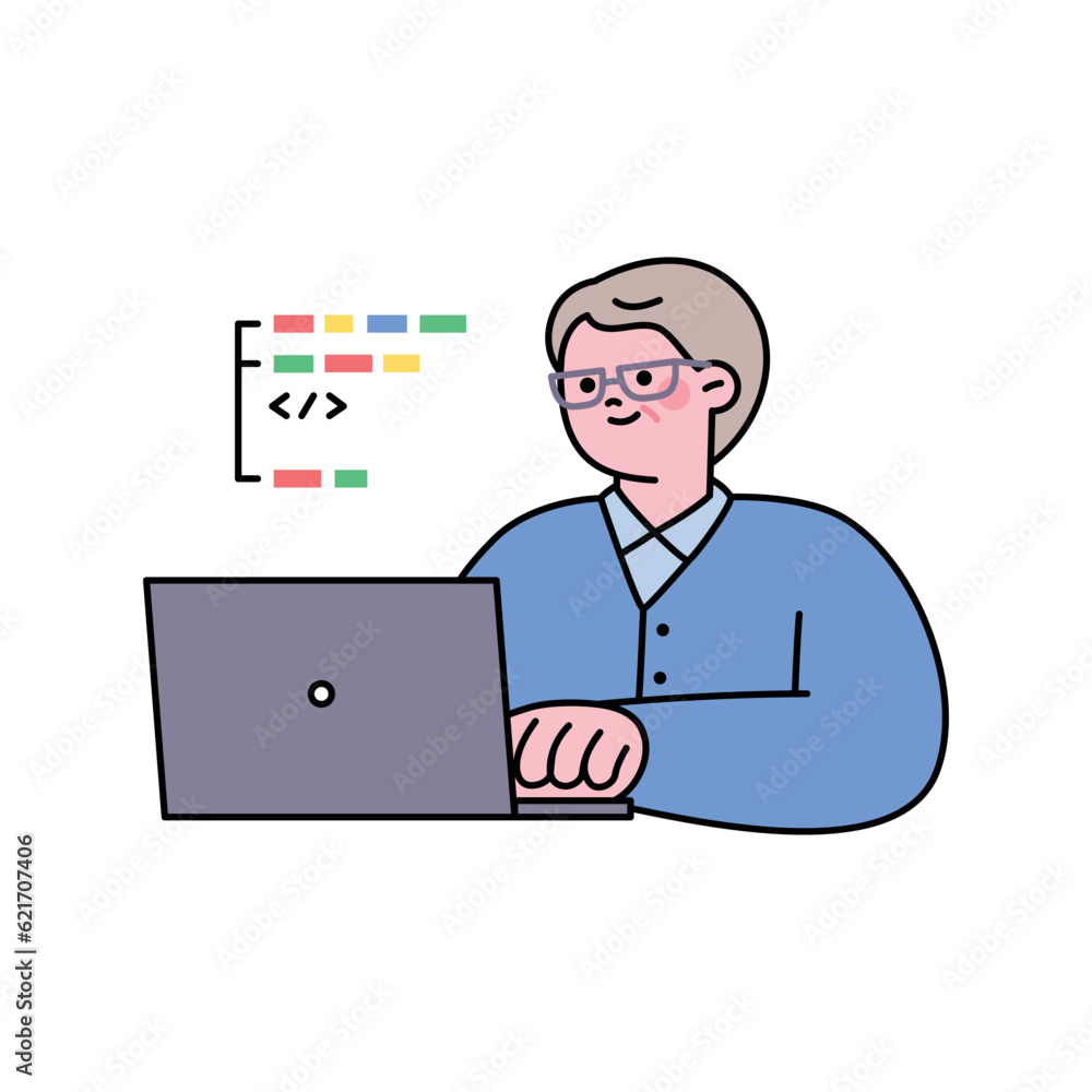 Senior lifestyle character. An elderly man is working on coding. Senior lifestyle character. An elderly man is working on coding.