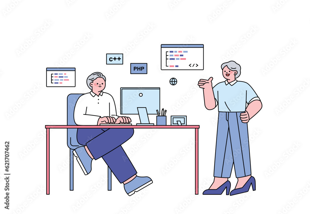 Senior lifestyle character. Senior developers are having a conversation about coding.