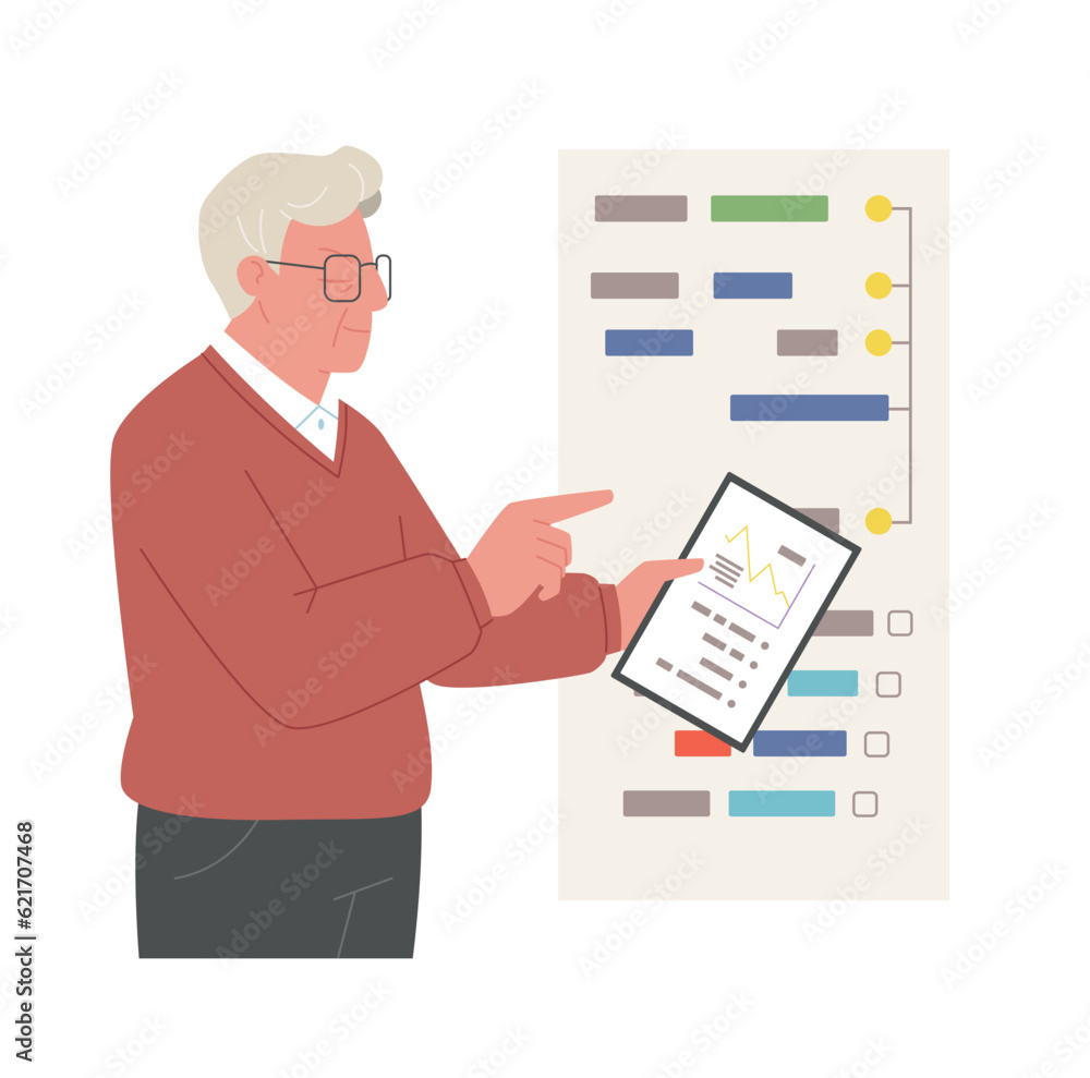 Senior character at work. An old man is coding while looking at a tablet. Senior character at work. An old man is coding while looking at a tablet.