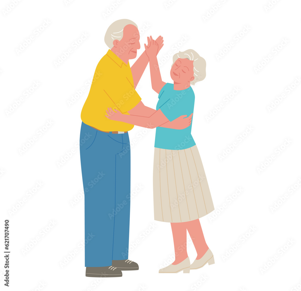 Two older couples are dancing together. Hand drawn illustrations in realistic proportions.