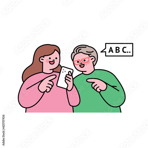Senior lifestyle character. An elderly man is giving information to a young girl on a smartphone.
