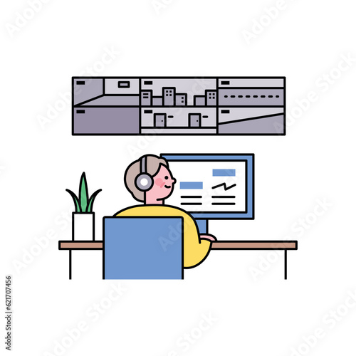 Senior lifestyle character. A man is spying on a CCTV monitor.