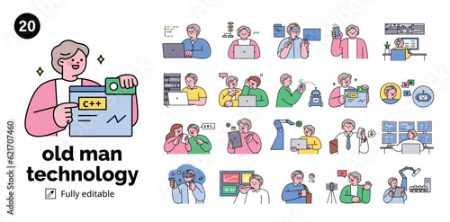 Senior lifestyle character. Set of old man and old woman with technological expertise.