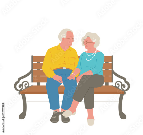 Two elderly couples are sitting on a park bench, holding hands, looking at each other and smiling. Hand drawn illustrations in realistic proportions.
