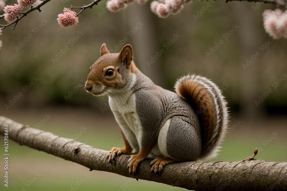 A squirrel gathering nuts in a blooming tree A squirrel gathering nuts in a blooming tree