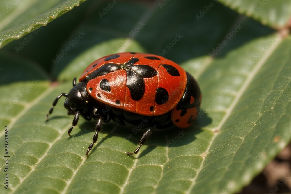 Naklejka premium A ladybug resting on a green leaf