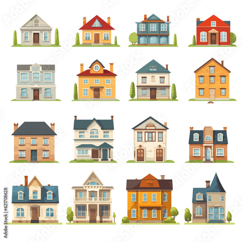 Set of flat house front icons, featuring vector illustrations of various cottage styles, residential houses, and guest houses.