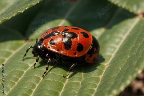 A ladybug resting on a green leaf
