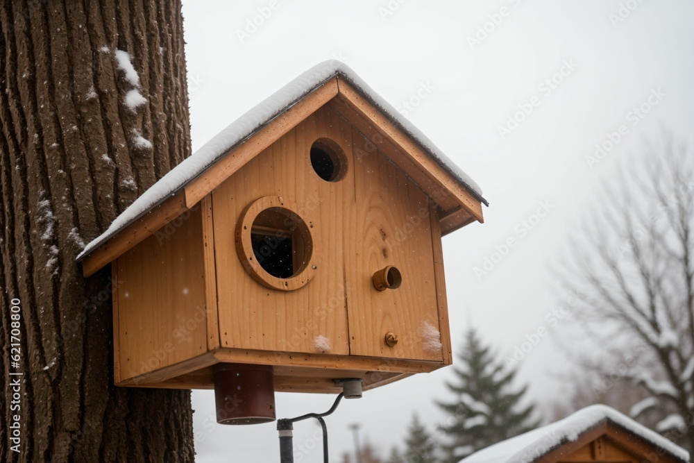 Detail of a snowy birdhouse on a pole