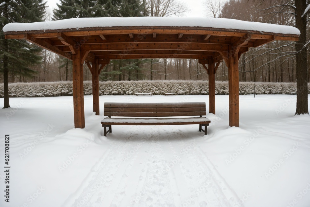 Detail of a snow-covered garden bench