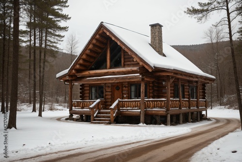 A snow-covered log cabin in the woods