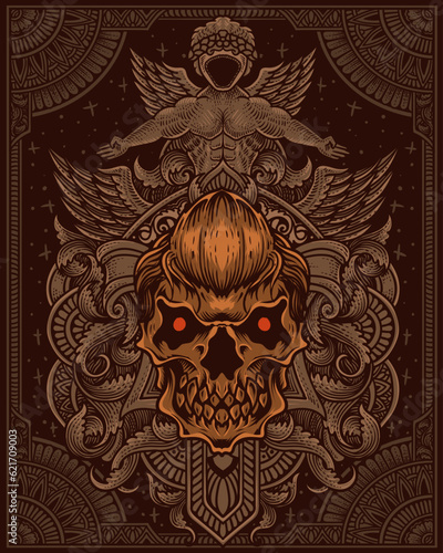 demon skull with antique engraving ornament