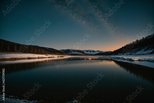 A frozen lake under a starry night