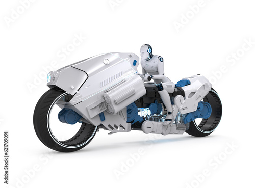 Racing technology with robot riding on motorbike with speed