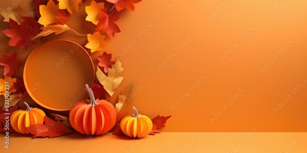  autumn pumpkin and leaves paper craft - obrazy, fototapety, plakaty 