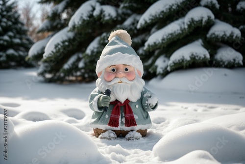 A snow-covered garden gnome next to a bush photo