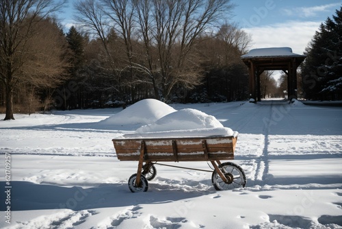 Snow on an old wooden wheelbarrow