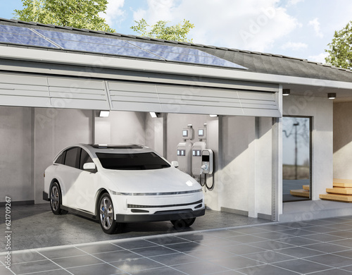 Solar panel on roof generate electricity for home garage with ev charger