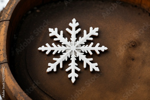 Close-up of a snowflake on a rusty barrel photo