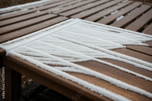 Detail of frost on a forgotten picnic table