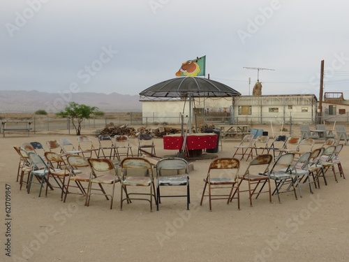 Old Metal Folding Chairs in a Circle at Bombay Beach  California