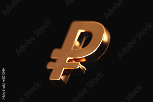 Gold ruble cash currency symbol isolated on 3d background of business finance russia coin money banking market exchange economy international investment or golden bank financial foreign trade price. photo