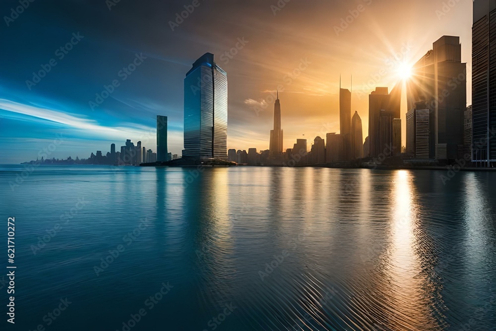 Fototapeta premium city skyline at sunset Generator by using AI Technology 