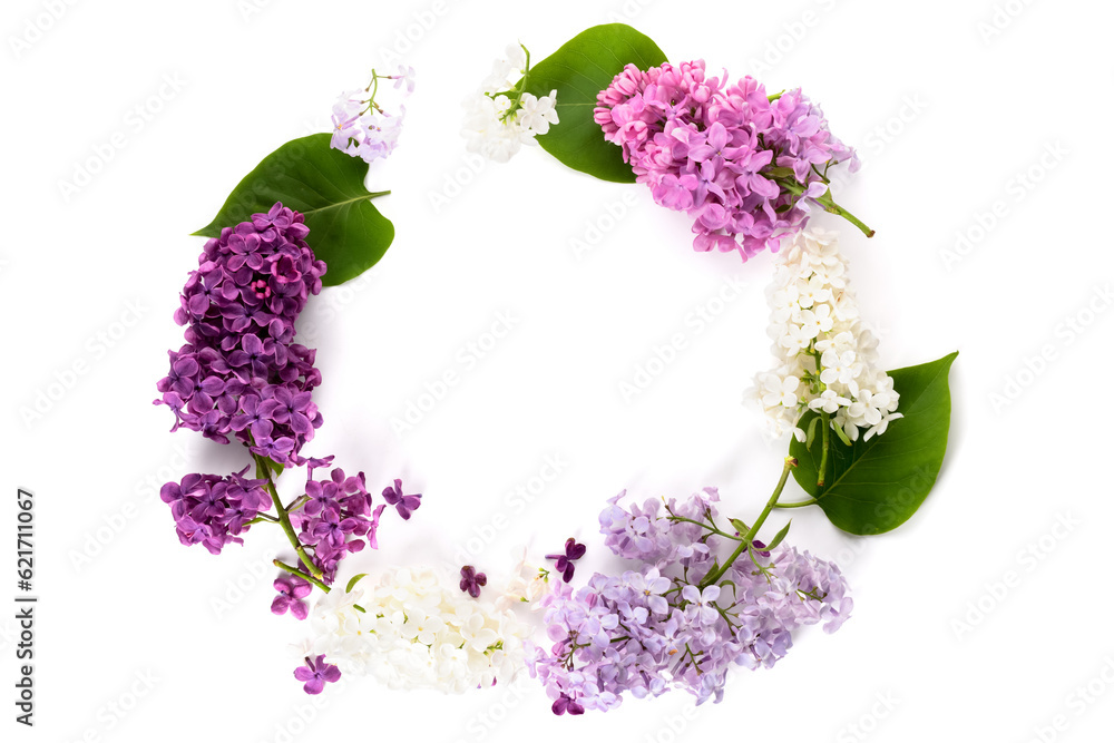 Frame made of different beautiful lilac flowers on white background Frame made of different beautiful lilac flowers on white background