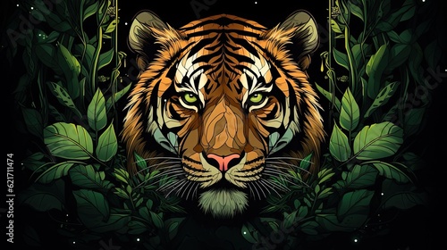 Green leaves in the background frame a tiger's close-up face. (Illustration, Generative AI) © HandmadePictures